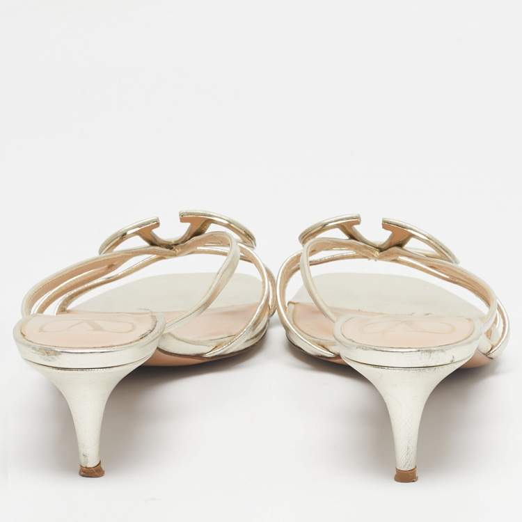 Pre Owned Valentino Metallic Leather VLogo Signature Slide Sandals Size 40.5