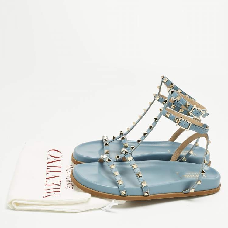 Pre Owned Valentino Blue Leather And PVC Rockstud Ankle Strap Flat Slides Size 40.5