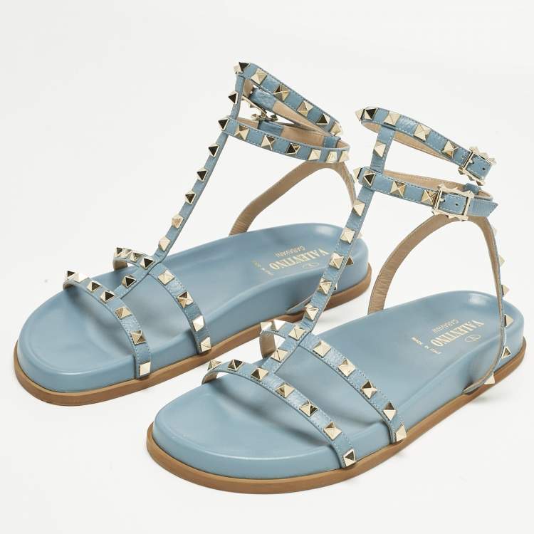 Pre Owned Valentino Blue Leather And PVC Rockstud Ankle Strap Flat Slides Size 40.5