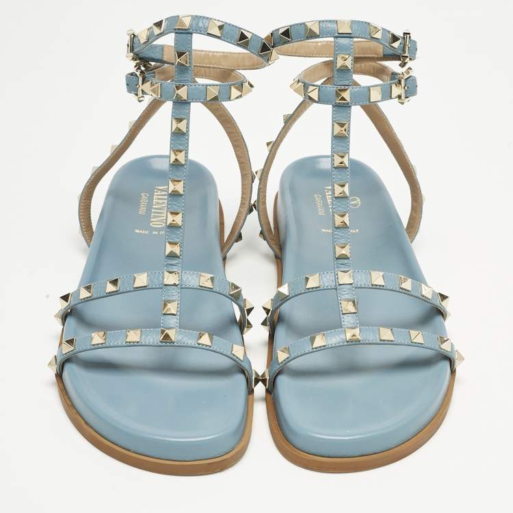 Pre Owned Valentino Blue Leather And PVC Rockstud Ankle Strap Flat Slides Size 40.5