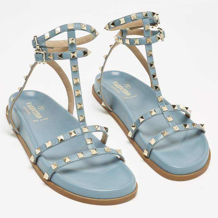 Pre Owned Valentino Blue Leather And PVC Rockstud Ankle Strap Flat Slides Size 40.5