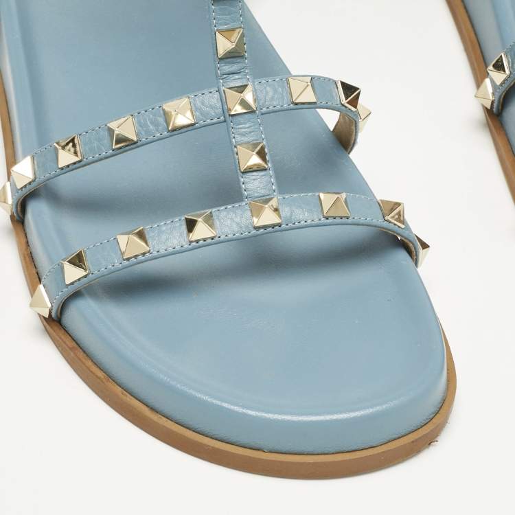 Pre Owned Valentino Blue Leather And PVC Rockstud Ankle Strap Flat Slides Size 40.5