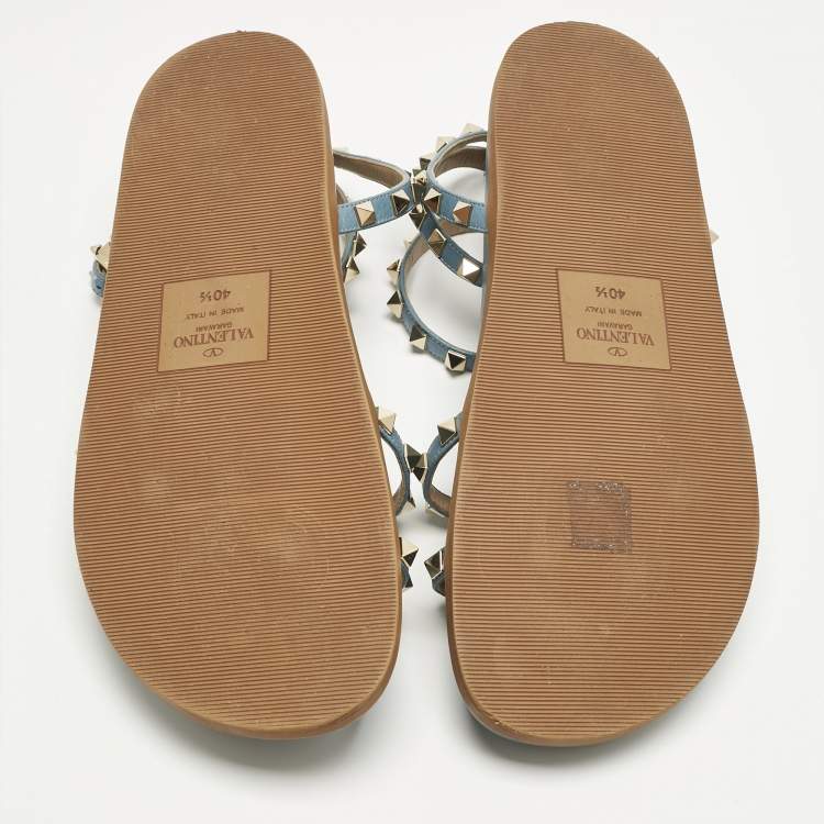 Pre Owned Valentino Blue Leather And PVC Rockstud Ankle Strap Flat Slides Size 40.5