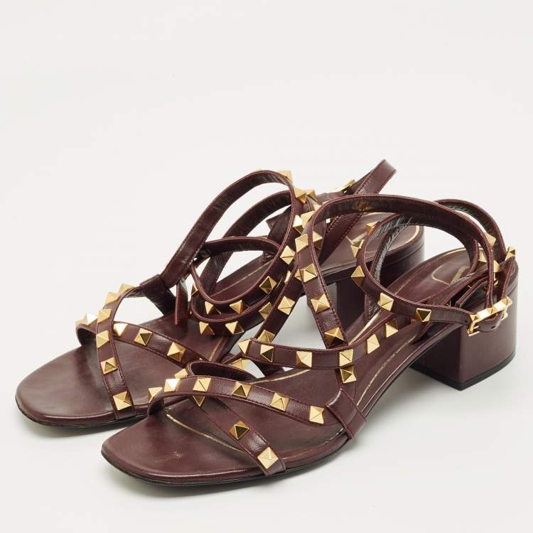 Pre Owned Valentino Burgundy Leather Rockstud Ankle Strap Block Heel Sandals Size 38.5