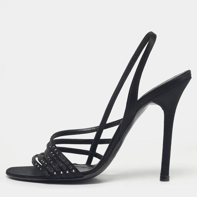 Pre Owned Valentino Black Satin Crystal Embellish Slingback Sandals Size 37.5