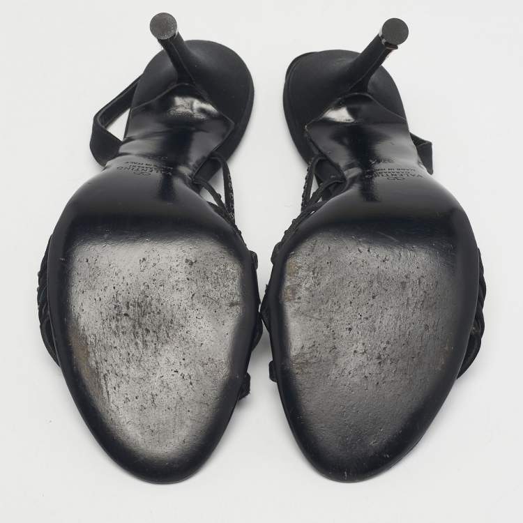 Pre Owned Valentino Black Satin Crystal Embellish Slingback Sandals Size 37.5