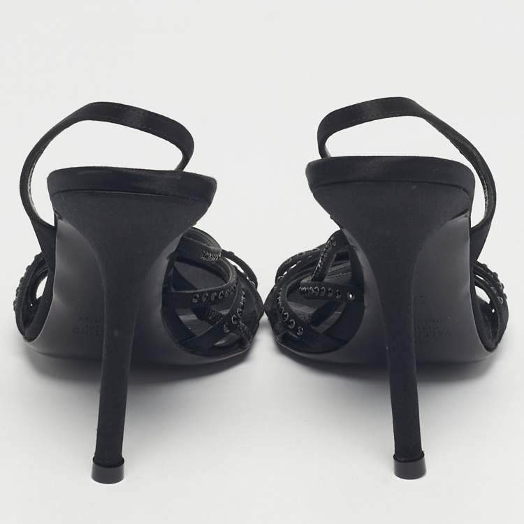 Pre Owned Valentino Black Satin Crystal Embellish Slingback Sandals Size 37.5