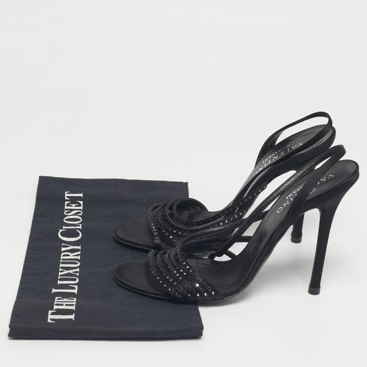 Pre Owned Valentino Black Satin Crystal Embellish Slingback Sandals Size 37.5