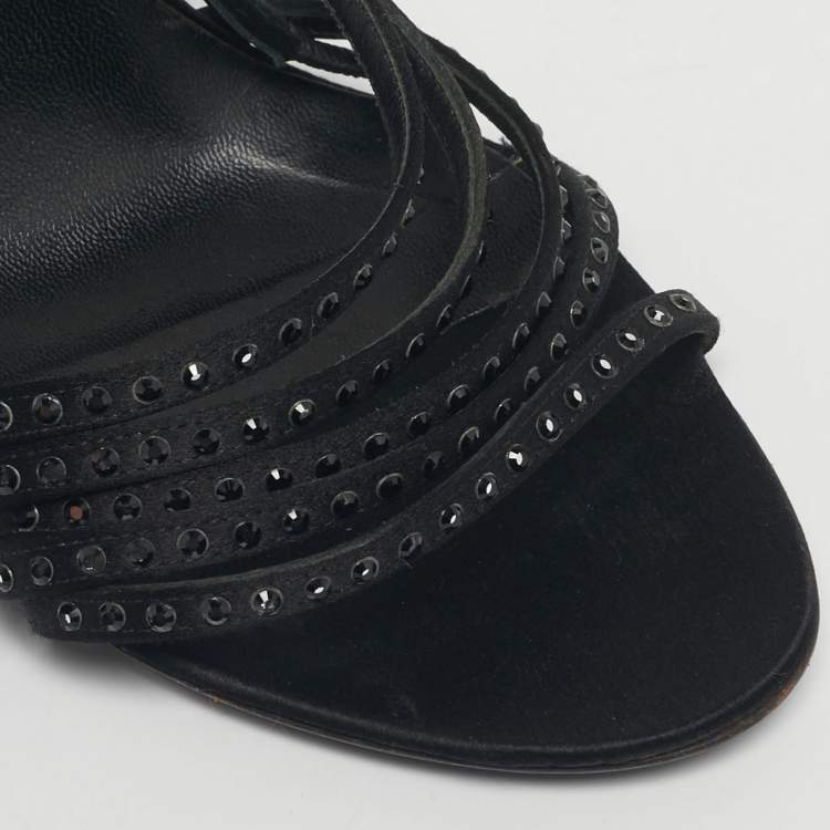 Pre Owned Valentino Black Satin Crystal Embellish Slingback Sandals Size 37.5