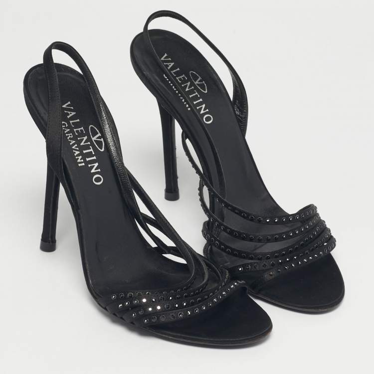 Pre Owned Valentino Black Satin Crystal Embellish Slingback Sandals Size 37.5