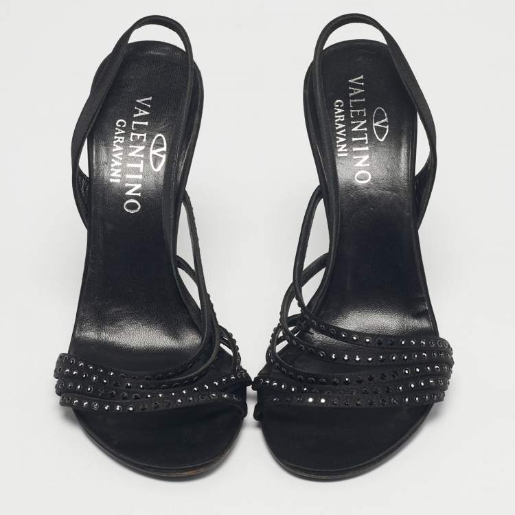 Pre Owned Valentino Black Satin Crystal Embellish Slingback Sandals Size 37.5