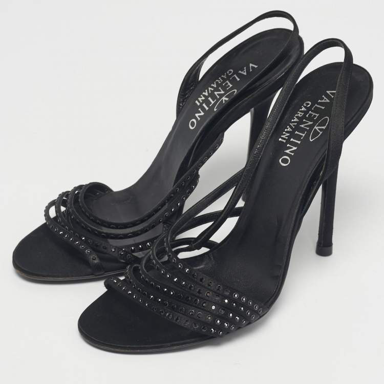 Pre Owned Valentino Black Satin Crystal Embellish Slingback Sandals Size 37.5