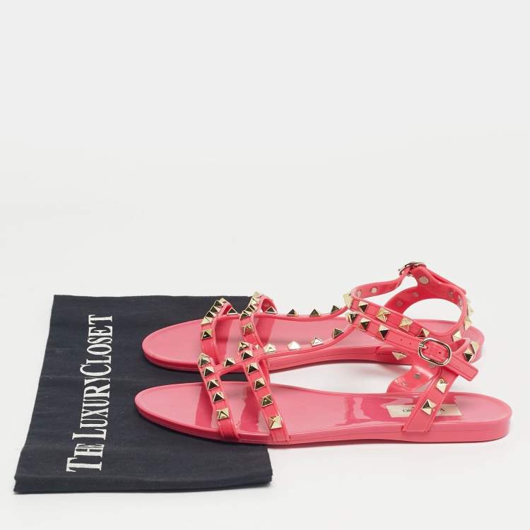 Pre Owned Valentino Pink Jelly Rockstud Ankle Strap Flats Size 37