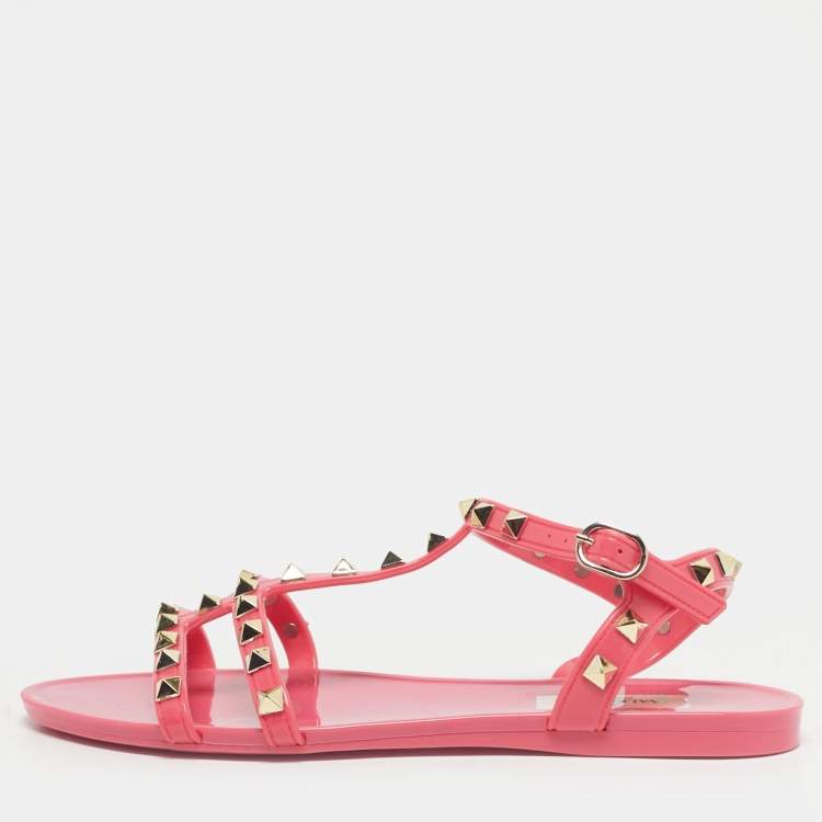 Pre Owned Valentino Pink Jelly Rockstud Ankle Strap Flats Size 37