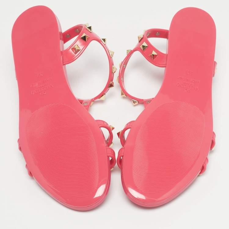Pre Owned Valentino Pink Jelly Rockstud Ankle Strap Flats Size 37