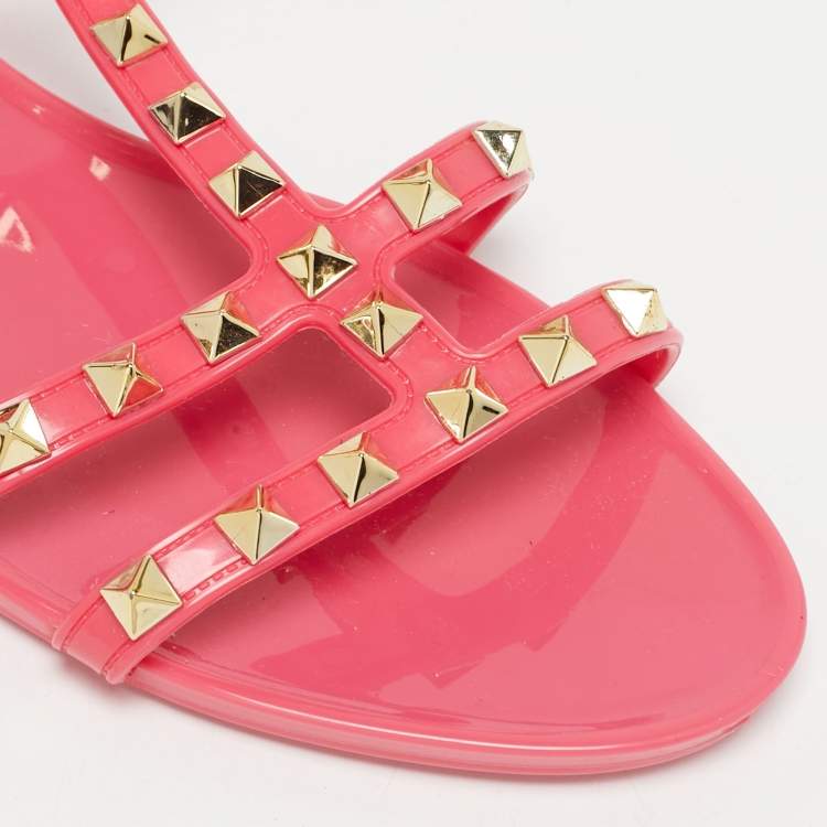 Pre Owned Valentino Pink Jelly Rockstud Ankle Strap Flats Size 37