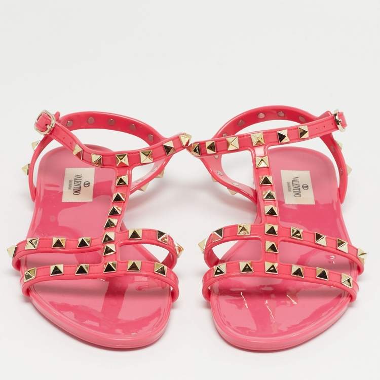 Pre Owned Valentino Pink Jelly Rockstud Ankle Strap Flats Size 37