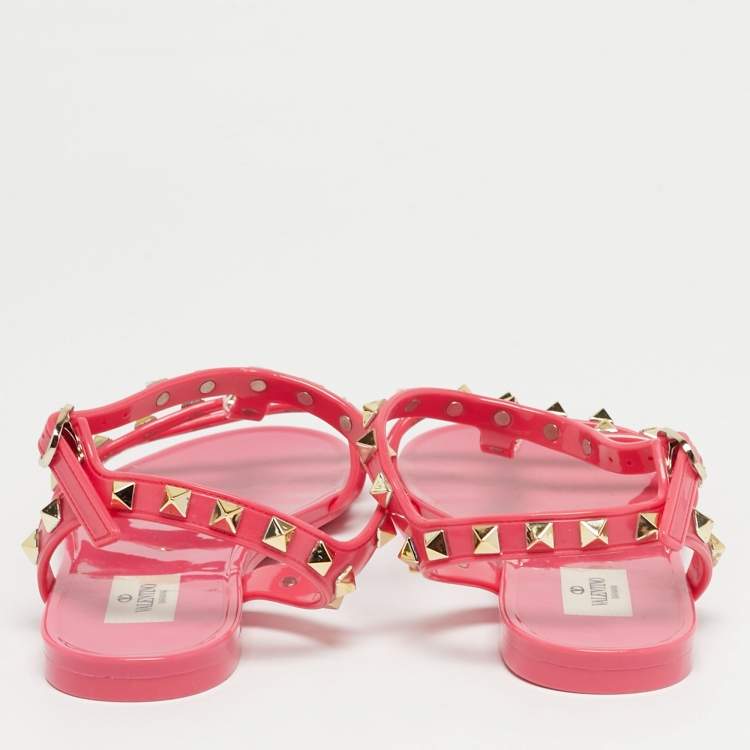 Pre Owned Valentino Pink Jelly Rockstud Ankle Strap Flats Size 37