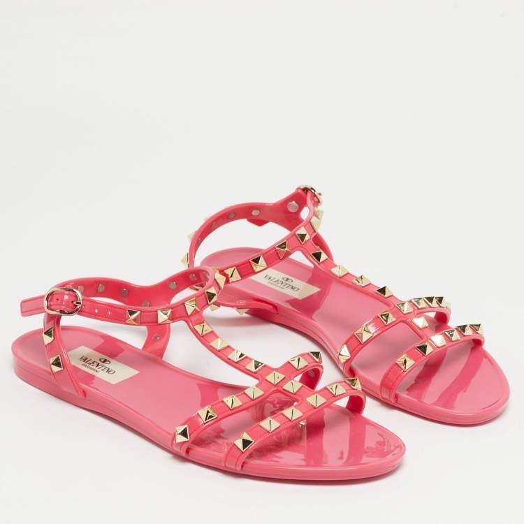 Pre Owned Valentino Pink Jelly Rockstud Ankle Strap Flats Size 37