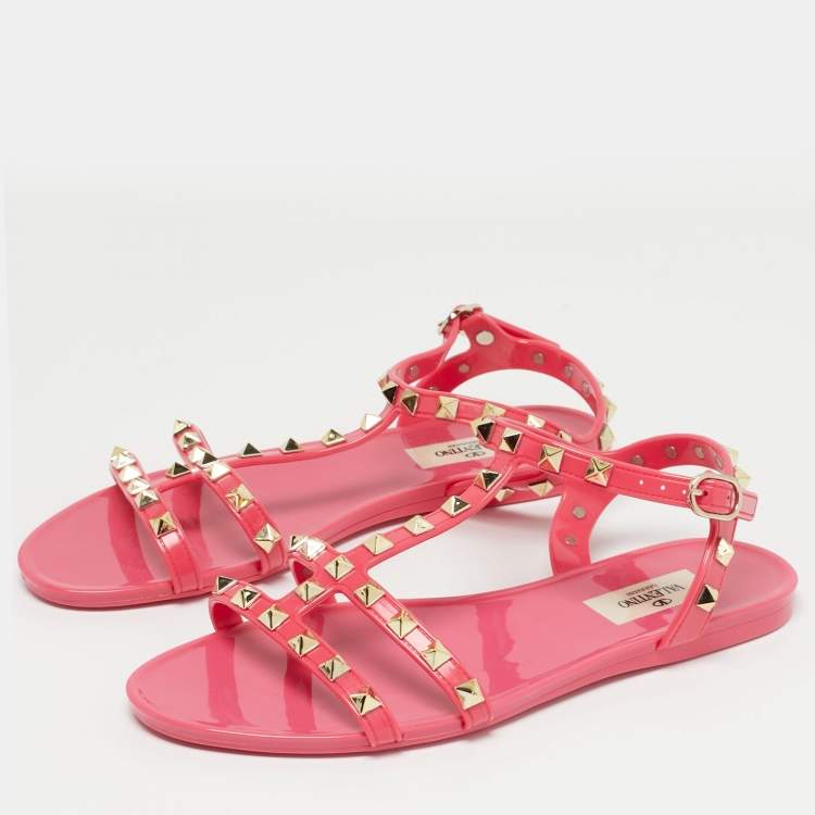 Pre Owned Valentino Pink Jelly Rockstud Ankle Strap Flats Size 37