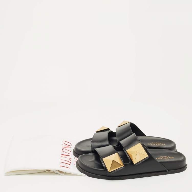 Pre Owned Valentino Black Leather One Stud Flat Sandals Size 40.5