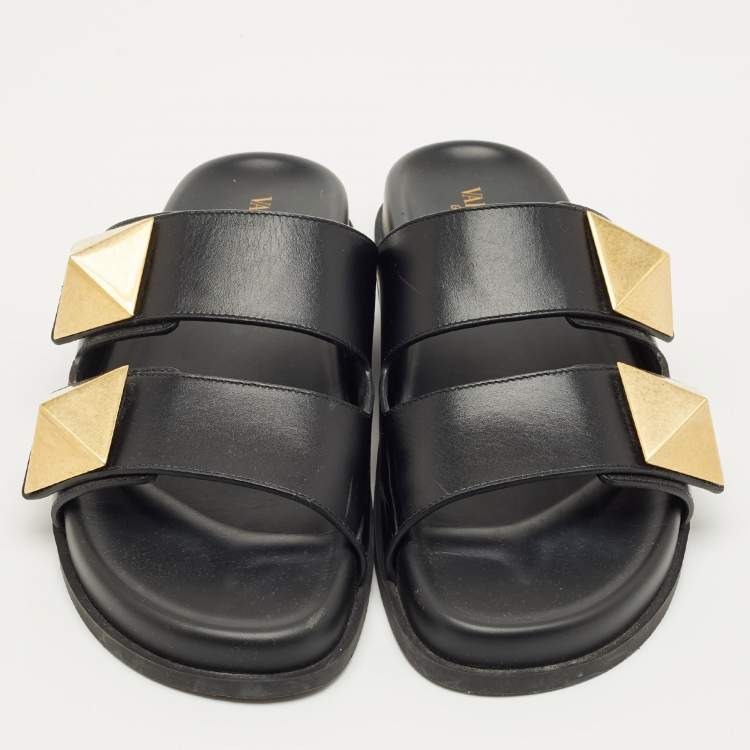 Pre Owned Valentino Black Leather One Stud Flat Sandals Size 40.5