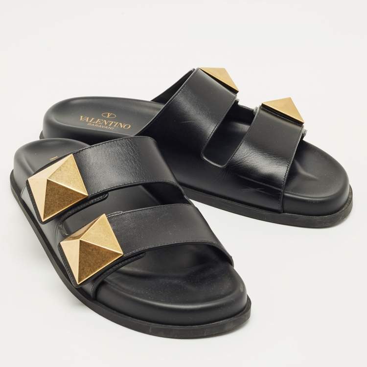 Pre Owned Valentino Black Leather One Stud Flat Sandals Size 40.5