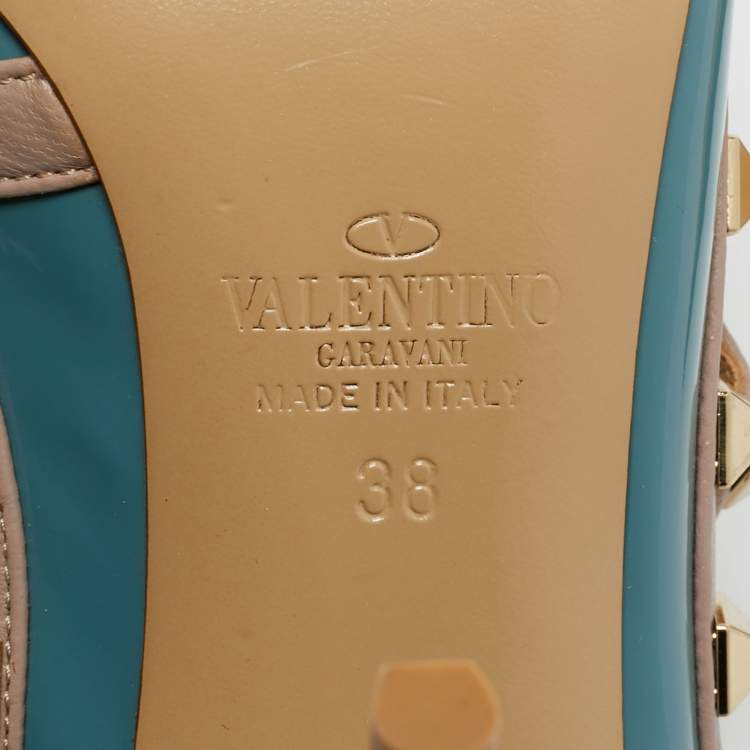 Pre Owned Valentino Blue/Beige Leather and Patent Rockstud Ankle Strap Pumps Size 38