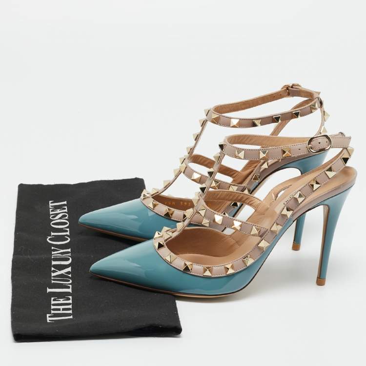 Pre Owned Valentino Blue/Beige Leather and Patent Rockstud Ankle Strap Pumps Size 38