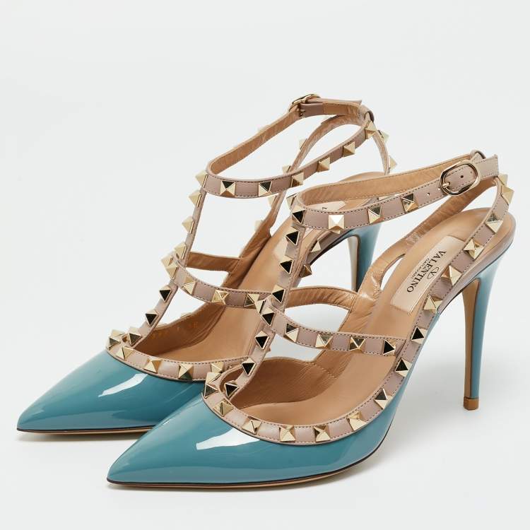 Pre Owned Valentino Blue/Beige Leather and Patent Rockstud Ankle Strap Pumps Size 38
