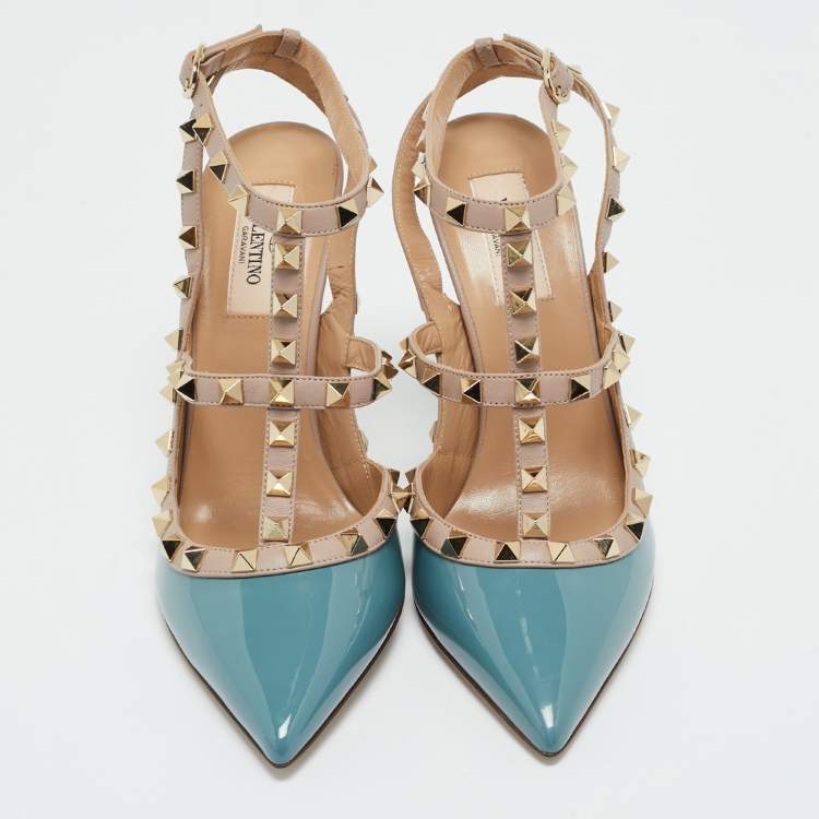Pre Owned Valentino Blue/Beige Leather and Patent Rockstud Ankle Strap Pumps Size 38