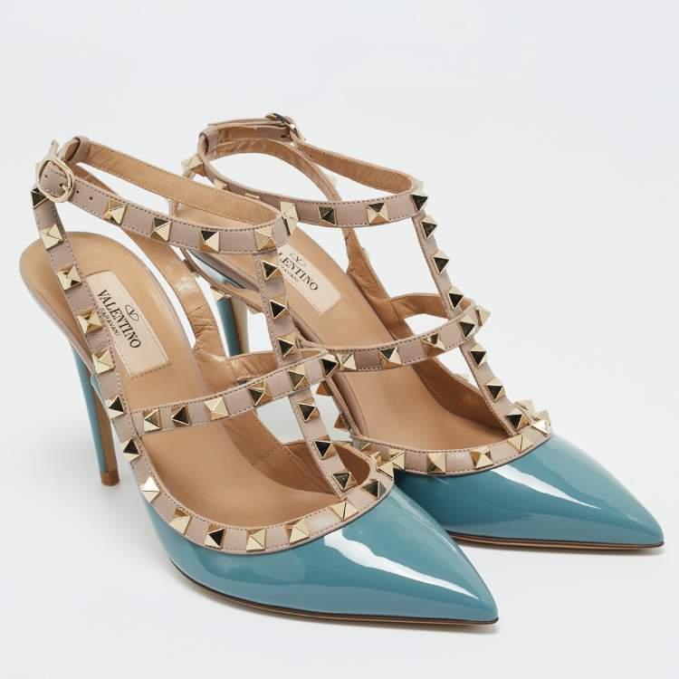 Pre Owned Valentino Blue/Beige Leather and Patent Rockstud Ankle Strap Pumps Size 38