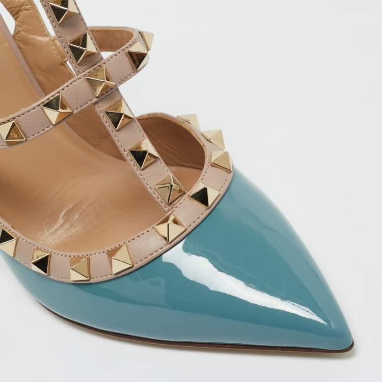 Pre Owned Valentino Blue/Beige Leather and Patent Rockstud Ankle Strap Pumps Size 38