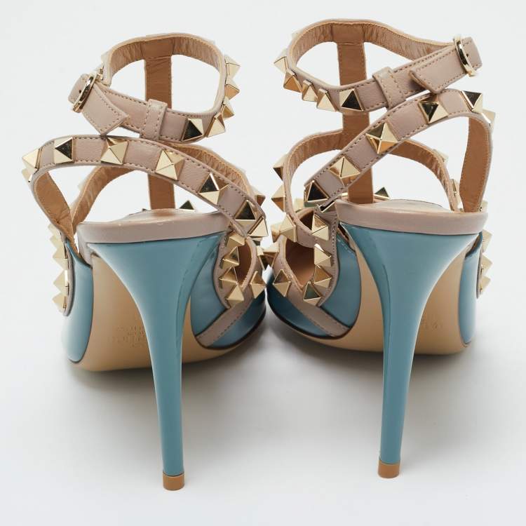 Pre Owned Valentino Blue/Beige Leather and Patent Rockstud Ankle Strap Pumps Size 38
