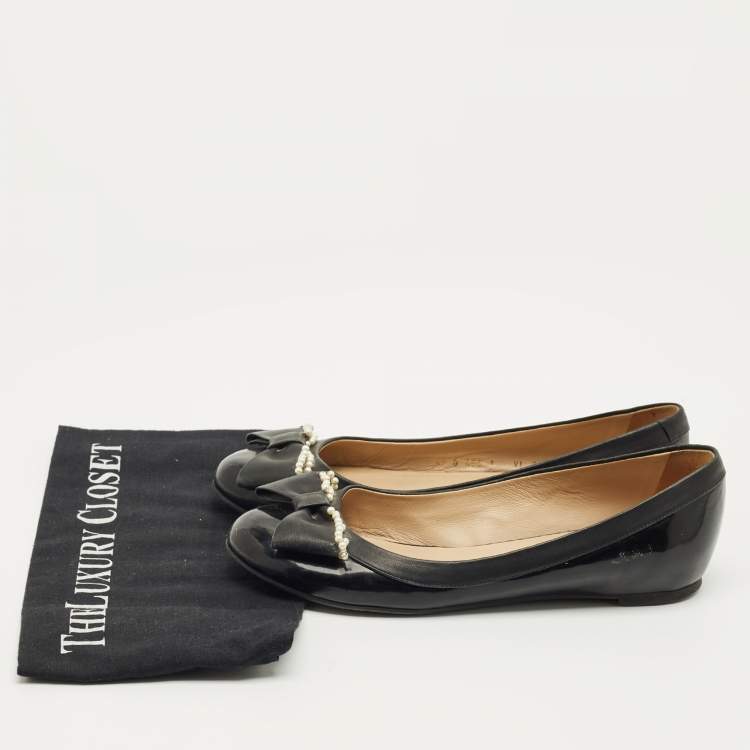 Pre Owned Valentino Black Leather Bow  Ballet Flats Size 38.5