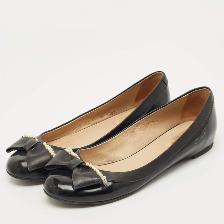 Pre Owned Valentino Black Leather Bow  Ballet Flats Size 38.5
