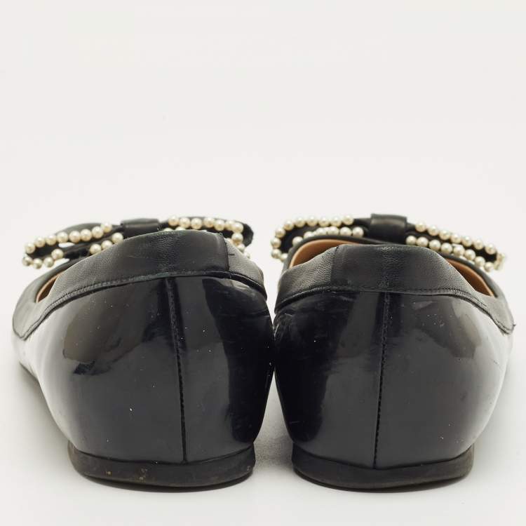 Pre Owned Valentino Black Leather Bow  Ballet Flats Size 38.5