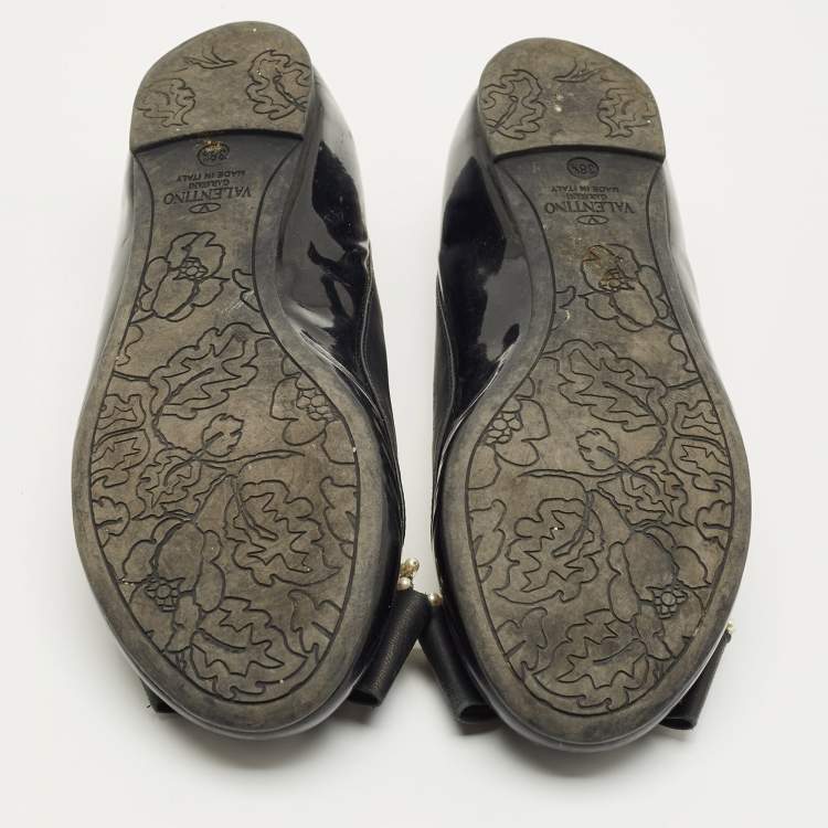 Pre Owned Valentino Black Leather Bow  Ballet Flats Size 38.5