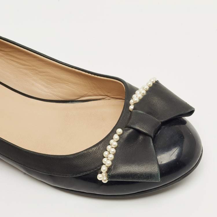 Pre Owned Valentino Black Leather Bow  Ballet Flats Size 38.5
