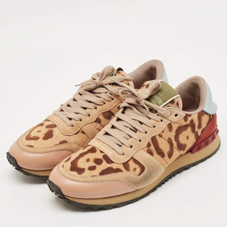 Pre Owned Valentino Multicolor Leopard Print Calfhair and Suede Rockrunner Sneakers Size 39