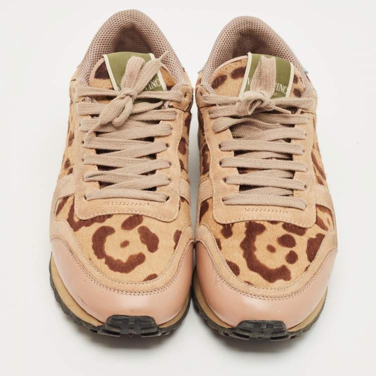 Pre Owned Valentino Multicolor Leopard Print Calfhair and Suede Rockrunner Sneakers Size 39