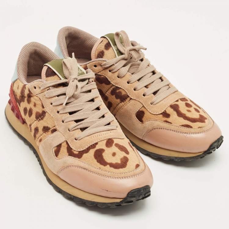 Pre Owned Valentino Multicolor Leopard Print Calfhair and Suede Rockrunner Sneakers Size 39