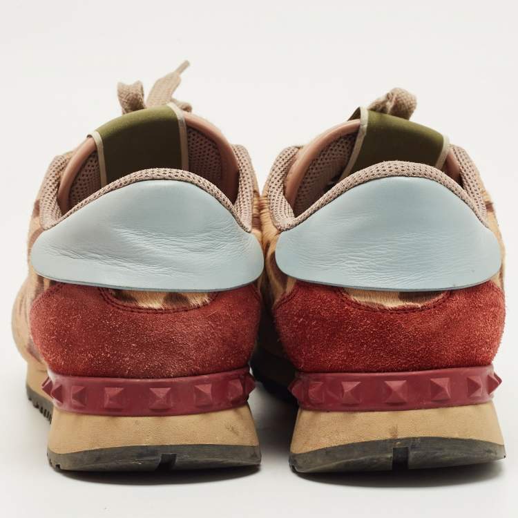 Pre Owned Valentino Multicolor Leopard Print Calfhair and Suede Rockrunner Sneakers Size 39