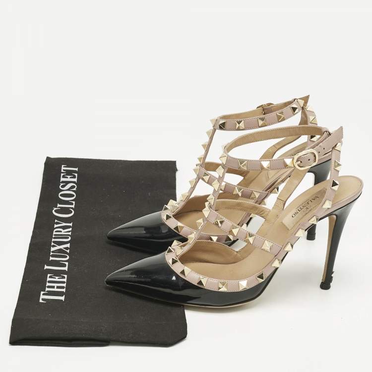 Pre Owned Valentino Black/Beige Patent Leather and Leather Rockstud Ankle Strap Pumps Size 37