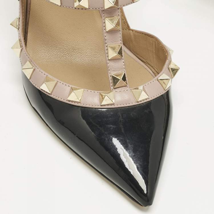 Pre Owned Valentino Black/Beige Patent Leather and Leather Rockstud Ankle Strap Pumps Size 37