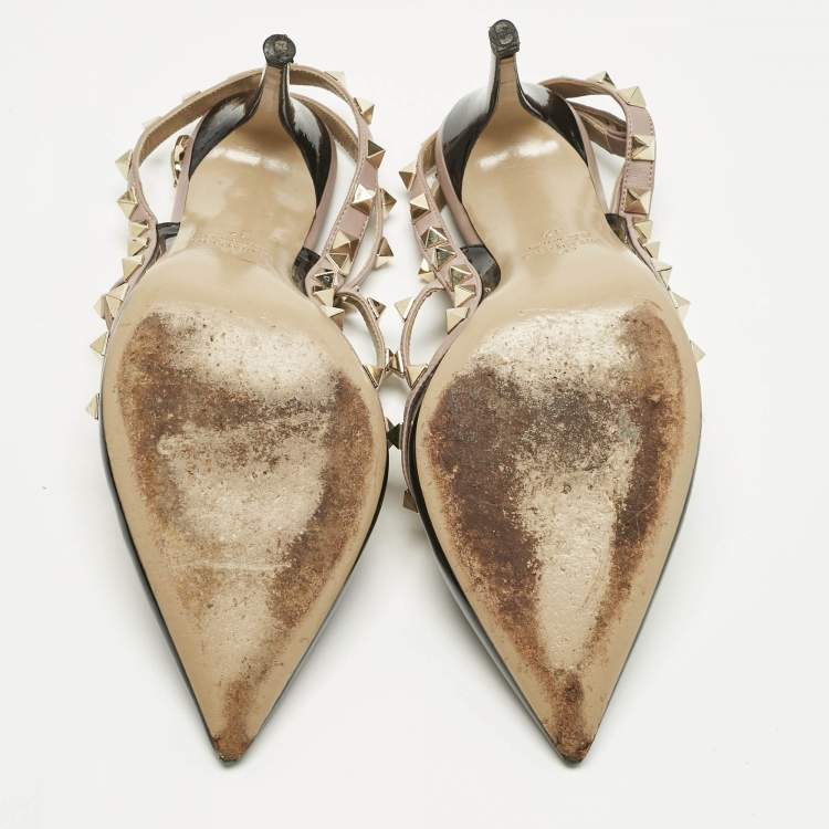 Pre Owned Valentino Black/Beige Patent Leather and Leather Rockstud Ankle Strap Pumps Size 37