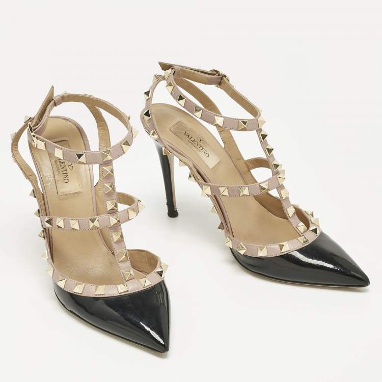 Pre Owned Valentino Black/Beige Patent Leather and Leather Rockstud Ankle Strap Pumps Size 37