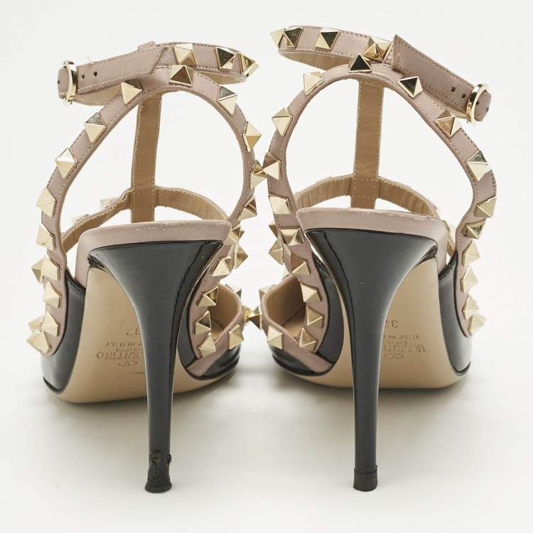 Pre Owned Valentino Black/Beige Patent Leather and Leather Rockstud Ankle Strap Pumps Size 37