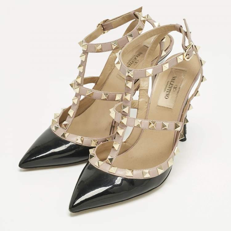 Pre Owned Valentino Black/Beige Patent Leather and Leather Rockstud Ankle Strap Pumps Size 37