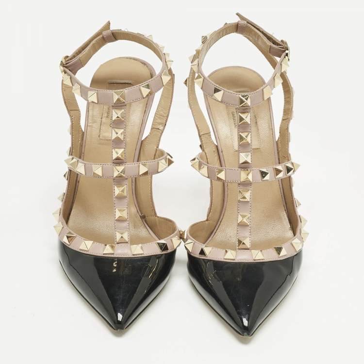 Pre Owned Valentino Black/Beige Patent Leather and Leather Rockstud Ankle Strap Pumps Size 37